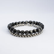 Obsidian silver knot bracelet stack