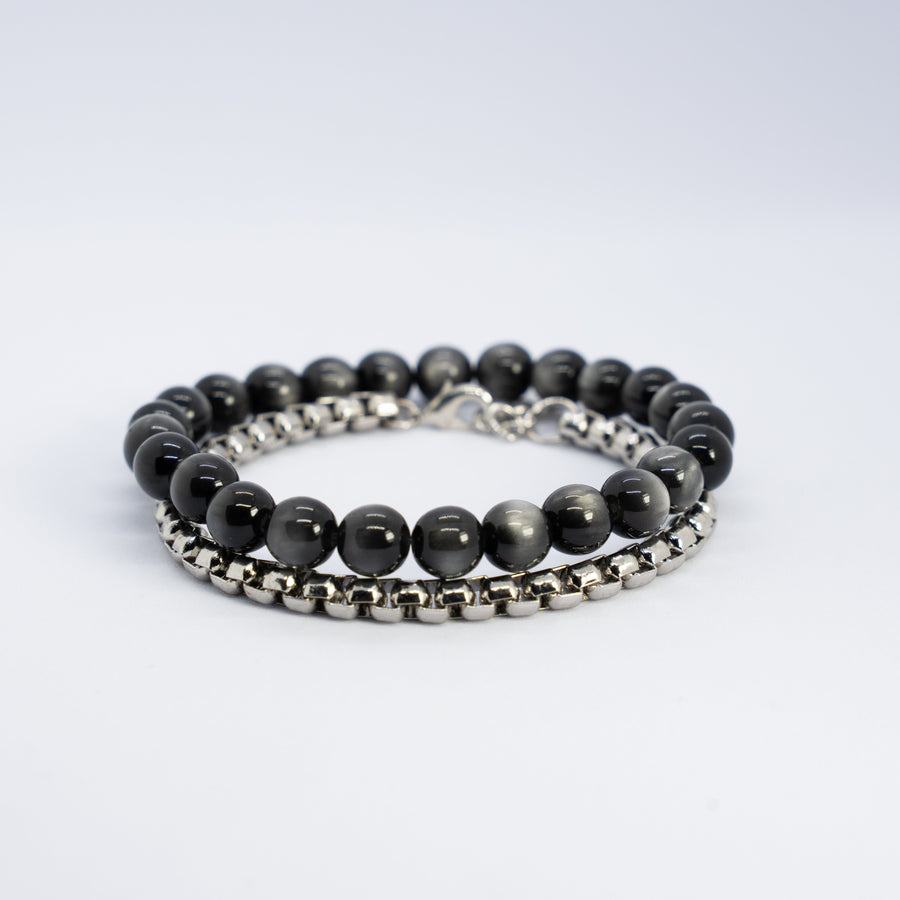Obsidian silver knot bracelet stack