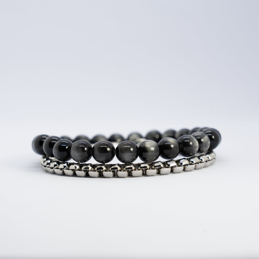 Obsidian silver knot bracelet stack