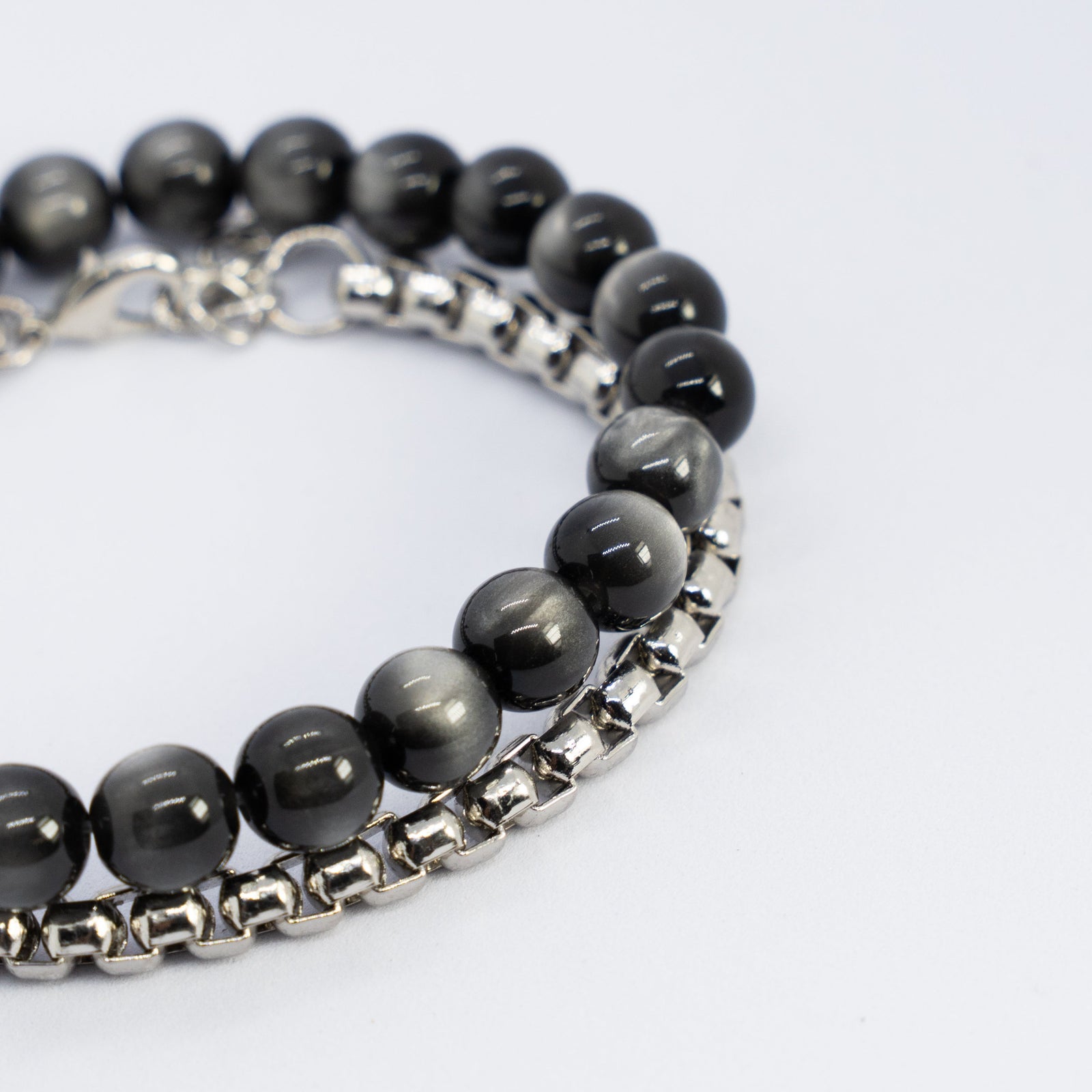 Obsidian silver knot bracelet stack